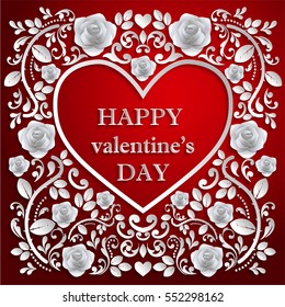  valentine day, red background with Rose , Paper art and craft style.