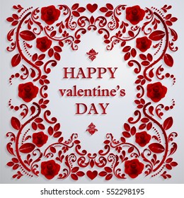  valentine day, red background with Rose , Paper art and craft style.