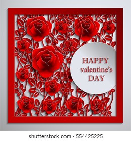 valentine day, red background with Rose , Paper art and craft style.