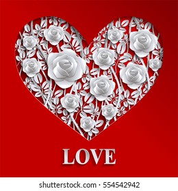 valentine day, red background with Rose , Paper art and craft style.