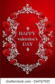 valentine day, red background with Rose , Paper art and craft style.
