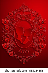 valentine day, red background with Rose , Paper art and craft style.