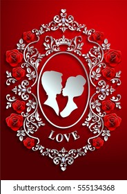 valentine day, red background with Rose , Paper art and craft style.