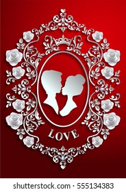 valentine day, red background with Rose , Paper art and craft style.