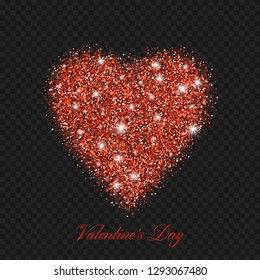 Valentine day red glitter shiny heart. Vector illustration love heart symbol isolated on transparent black background