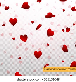 Valentine Day red hearts confetti petals falling vector background. Decor element Template for Valentine's designs, invitation, party, birthday, wedding
