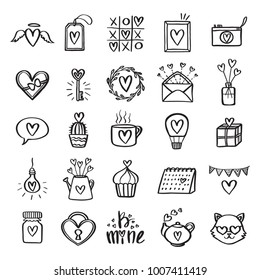 Valentine day related hand drawn set. Cute handmade design elements collection for prints, posters, decorative needs. Vector vintage illustration.
