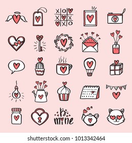 Valentine day related hand drawn set. Cute handmade design elements collection for prints, posters, decorative needs. Vector vintage illustration.