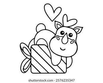 Valentine Day Rhinoceros Holding Gift Line Art