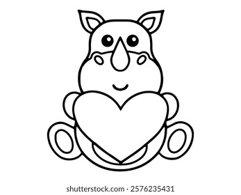 Valentine Day Rhinoceros Holding Heart Line Art