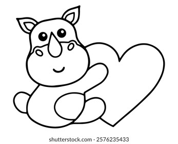 Valentine Day Rhinoceros Holding Heart Line Art