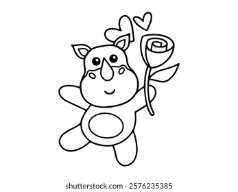 Valentine Day Rhinoceros Holding Rose Outline