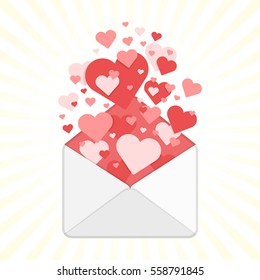 Valentine day romantic envelope with hearts. Valentine's Day greeting letter, card or invitation concept. Love Letter, Envelope and heart. Flat design. Vector illustration.