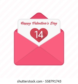 Valentine day romantic envelope with red heart. Valentine's Day greeting letter, card or invitation concept. Love Letter, Envelope and Heart. Flat design. Vector illustration. 