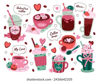 Valentine day romantic holiday coffee, cocoa, hot chocolate, latte, cappuccino drinks in mug and takeaway cups with marshmallows sweets, candy desserts, strawberry fruit vector illustration set