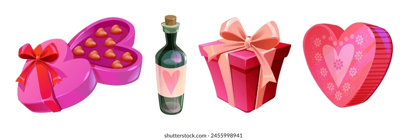 Valentine day romantic icons - open heart shaped box with chocolate candies, bottle of vine or alcohol drink, present package with ribbon and bow. Cartoon vector set of red and pink love elements.