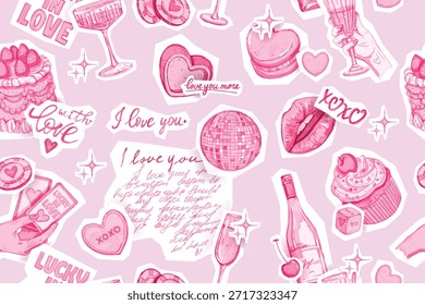 Patrón sin fisuras romántico del día de San Valentín, despedida de soltera textura rosada de la acuarela del fondo del partido de Las Vegas. Dibujado a mano Fondo de pantalla de amor decoración de la boda impresión, diseño femenino scrapbook. Patrón de fecha de San Valentín