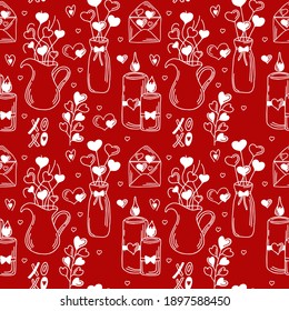 Valentine day romantic vector seamless pattern. Vector love background with hearts, candles, vase and letter, red and white colours , doodle stile 