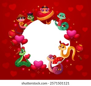 Valentine day round banner with hearts and funny snakes, vector background. Valentine Day blank banner for love holiday greeting, wedding and engagement party invitation with frame of snake characters