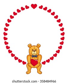 Valentine day  round frame with cute teddy bear and hearts