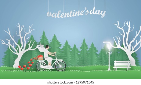 Valentine Day 's card design template Concept,Man with wings riding a bike and heart in the basket on the green grass in spring season background,paper craft style vector and Illustration