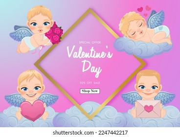 Valentine day sale background with cute cupids different activity on pastel sky vector