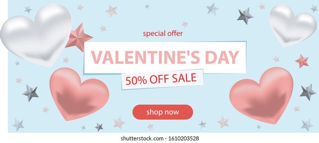 Valentine day sale background. Romantic composition with three hearts on a blue background. Vector illustrations for the site, posters, advertising, coupons, promotional materials.
