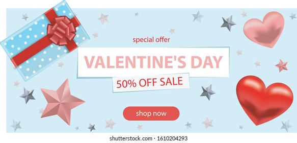 Valentine day sale background. Romantic composition with hearts, stars and gift box on a blue background. Vector illustrations for the site, posters, advertising, coupons, promotional materials.

