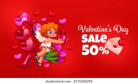 Valentine Day sale banner with cherub cupid character and hearts, vector shopping ad poster. Valentine day sale and love holiday discount promo banner with heart balloons and love message envelope