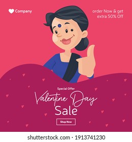 Valentine day sale banner design. Woman is showing thumbs up sign. Vector graphic illustration.