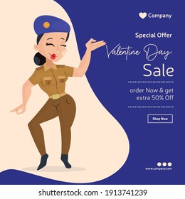 Valentine day sale banner design. Lady police is dancing. Vector graphic illustration.