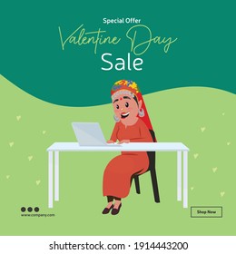 Valentine day sale banner design. Woman is working on the laptop. Vector graphic illustration.