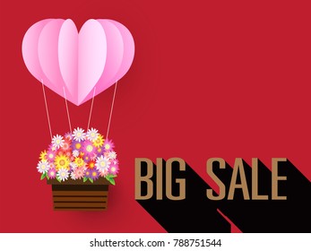  Valentine day sale banner , flowers and  pink heart. Vector illustration 