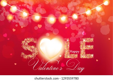 Valentine day sale banner in glitter Vector realistic. Red vintage lights template. Text with glowing lights. Soft bokeh effect romantic card lay outs