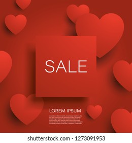 Valentine Day Sale Banner Or Poster Vector Background With Red 3d Hearts And Badge For Your Text. Special Offers, Best Deals, Discounts. Shopping Promotion And Advertising. Eps10 Vector Illustration