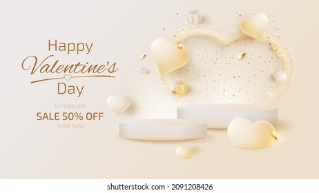 Valentine day sale banner template with 3d heart shaped ornaments and podium for product display.