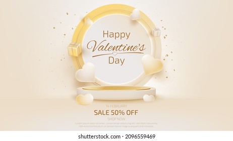 Valentine day sale banner template with 3d heart shaped ornaments and podium for product display.