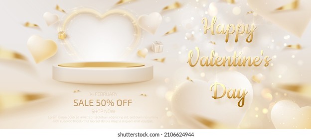 Valentine day sale banner template with 3d heart shape decorations and podium for product display.