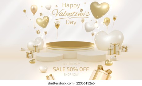 Valentine day sale banner template with 3d heart shape elements and podium for product display and light effect decorations and bokeh. Luxury background concept. Vector illustration.