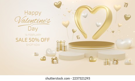 Valentine day sale banner template with 3d heart shape elements and podium for product display and light effect decorations and bokeh. Luxury background concept. Vector illustration.