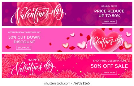 Valentine Day sale banners design template. Vector red heart on pink flowers banner background for Valentines fashion shopping season sale discount offer or love day price reduced banner background.
