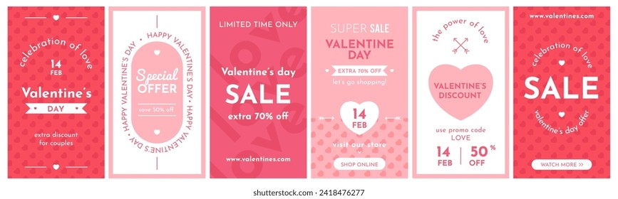 Valentine day sale banners. Love cards, holiday discounts, red hearts, romantic gifts vouchers, advertising shopping flyers, vertical background for social media stories, vector set