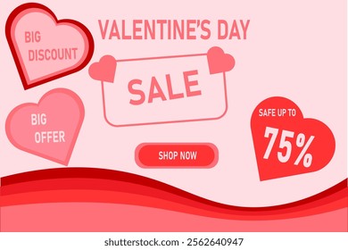 Valentine day sale commercial banner with pink color, heart shape decoration. perfect for your product  ads.