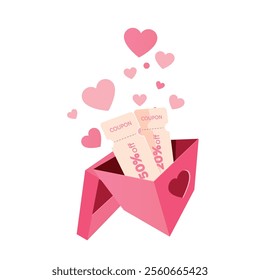 Valentine Day Sale concept. Two promo code Coupons and plenty of pink hearts fly out of the open gift box, isolated on white background. Vector illustration for you design.