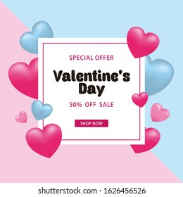 Valentine Day Sale Design With Heart, Advertising Social Media Banner Template Vector