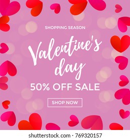 Valentine Day sale design template of red paper hearts on pink light bokeh background. Vector Valentines fashion shopping season sale discount offer price background for poster or banner