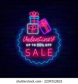 Valentine Day Sale neon emblem. Marketing label. Gift boxes stack in circle frame. Special offer advertising. Glowing greeting card. Romantic february shopping. Vector stock illustration