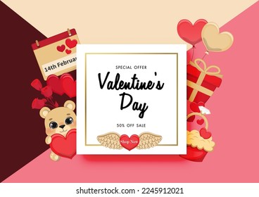 Valentine day sale on colorful background with valentine elements vector