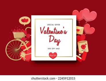 Valentine day sale on red background with valentine elements vector 