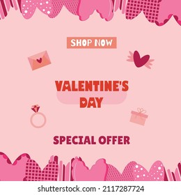 Valentine day sale with romantic design. Pink background with hearts.  Card template